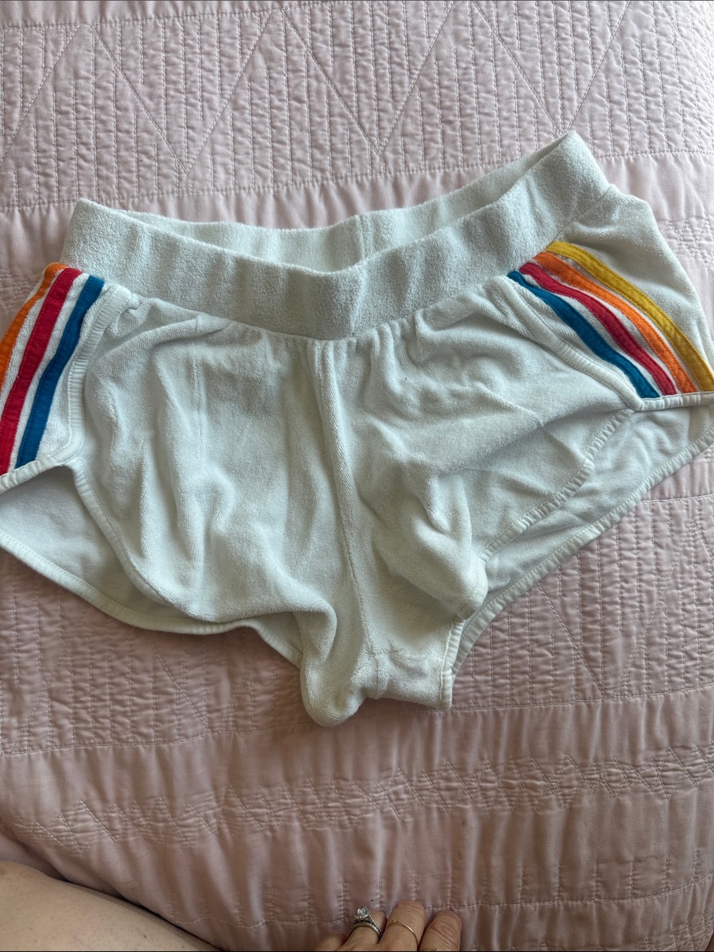 White Terry Athletic Shorts with Multicolor Side Stripes
